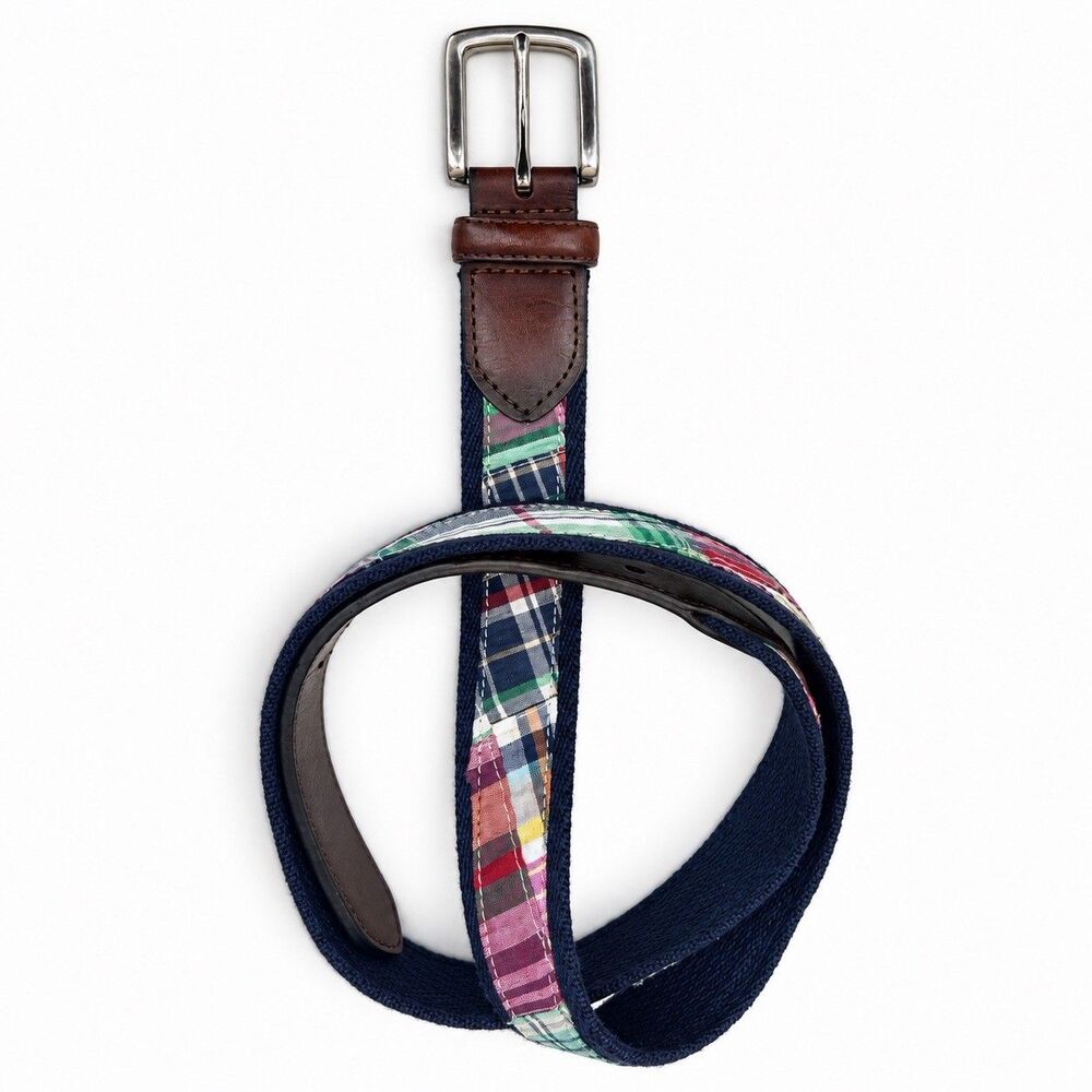 Men’s Patchwork Madras Plaid Belt Leather Trim Multicolor Preppy Style 40